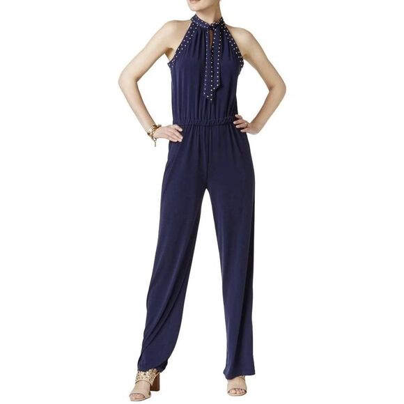 Michael Kors Navy Embellished Studded Trim Front Tie Neck Classy Jumpsuit XS 2 - Picture 1 of 10
